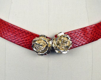 Vintage 70s 80s Red Vegan Faux Leather Snakeskin Adjustable Belt with Metal Double Rose Belt Buckle // Fits up to 34" Waist