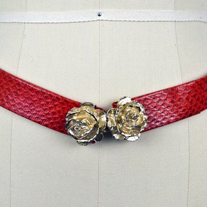 Vintage 70s 80s Red Vegan Faux Leather Snakeskin Adjustable Belt with Metal Double Rose Belt Buckle // Fits up to 34&quot; Waist