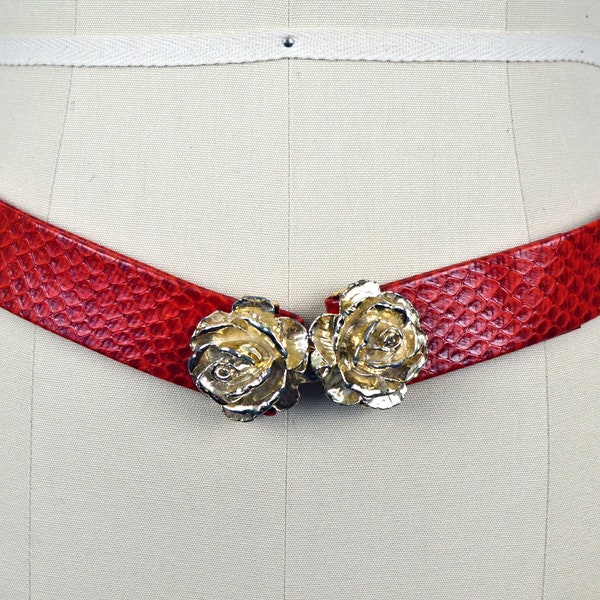 Vintage 70s 80s Red Vegan Faux Leather Snakeskin Adjustable Belt with Metal Double Rose Belt Buckle // Fits up to 34" Waist