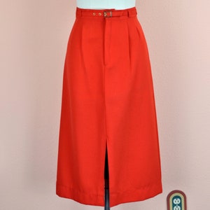 Women&#39;s Vintage 70s 80s Deadstock Cherry Red High Rise Front Slit Pencil Midi Skirt with Belt by Jazzie ILGWU Workers Union USA // 30&quot; Waist