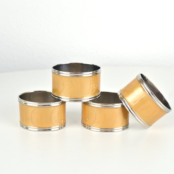 Vintage 90s Lenox Set of 4 Silver Tone Metal and Iridescent Pearly Golden Enamel Round Oval Napkin Rings in original box