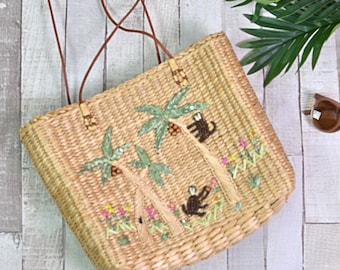 Vintage Y2K 2003 Capelli Straworld Monkey Coconut Palm Tree Novelty Raffia Straw Top Handle Bag
