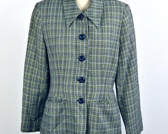 Women's Vintage 90s Lime Green Navy White Woven Textured Tweed Funky Collared Blazer Jacket with Pockets by Petite Sophisticate // Size 8