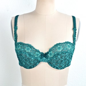 Women&#39;s Vintage 90s Passionata French Forest Teal Emerald Green Jewel Tone All Lace Underwire Bra Made in France // Size 34C