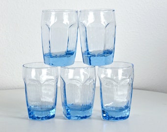 Vintage 90s Set of 5 Libbey 6 oz. Small Sized Blue Hexagonal Textured Cordial Juice Water Shot Drinking Glasses