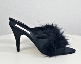 Women's Vintage Y2K Frederick's of Hollywood Black Feather and Satin Marabou Sexy Boudoir Open Peep Toe Mule Kitten Heels // Size 8