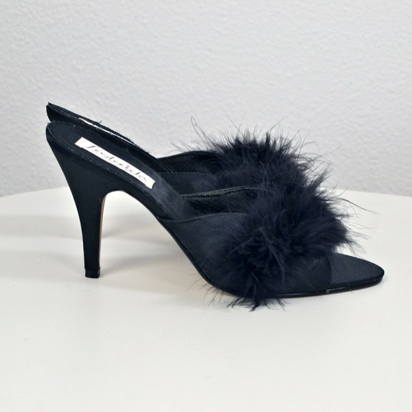 Women's Vintage Y2K Frederick's of Hollywood Black Feather and Satin Marabou Sexy Boudoir Open Peep Toe Mule Kitten Heels // Size 8