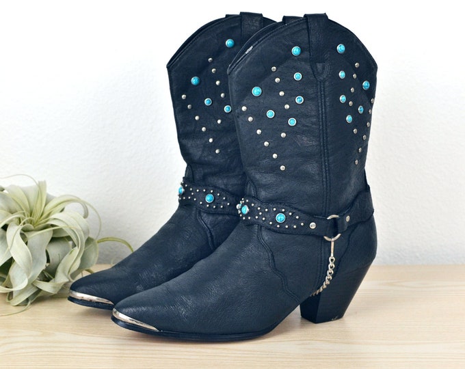 Featured listing image: Women's Vintage Y2K Dingo Black Leather Silver and Faux Turquose Cabochon Studded Western Cowgirl Boots with Chain // Size 8.5