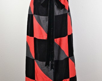Vintage 70s Mr. Hank Boho Hippie Red Black and White Polkadot & Velvet Patchwork Long Maxi Skirt // Size M L