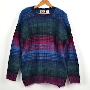 Women's Vintage 90s Paul Harris Preppy Fuzzy Acrylic Wool Mohair Dark Jewel Tone Striped Pullover Crew Neck Sweater // Size L image 1