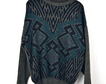 Men's Vintage 80s Grandpacore Hipster Black Olive Hunter Green Geometric Patterned Leather Patched Pullover Crew Neck Sweater XL