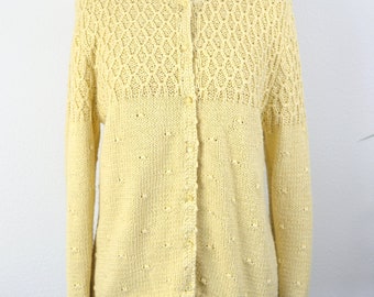 Women's Vintage 90s Pastel Pale Yellow Ramie Cotton Blend Hand Knit Cardigan Sweater by Karen Scott // Size S