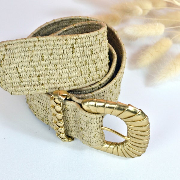 Women's Vintage 80s 2" Stretch Elastic Raffia and Metallic Gold Woven Oversized Buckle Belt Size Small - Large