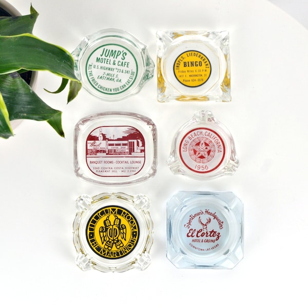 CHOOSE 1: Vintage 50s 60s 70s Mid Century Atomic Advertisement Glass Ashtrays Collection // Jump's Motel / Bingo / Cocktail Lounge / Bowling