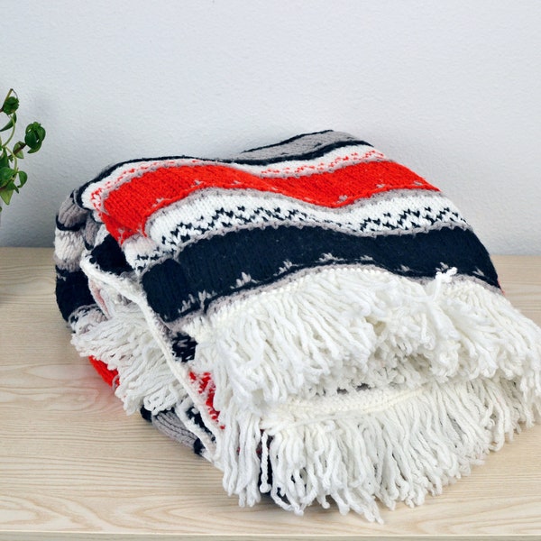 Vintage 70s Boho Red White Black Striped Zig Zag Soft Acrylic Crochet Fringe Throw Blanket
