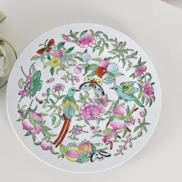 Vintage 60s 70s Chinoiserie Colorful Handpainted Birds Pomegranites Peonies Flowers Butterflies Decorative Display Plate 9"