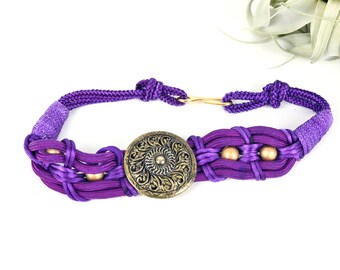 Women&#39;s Vintage 80s Boho Purple Braided Rope Statement Belt with Antique Gold Tone Decorative Disc and Beads // Size S M