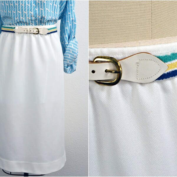 Women's Vintage 70s 80s Preppy Alfred Dunner White Polyester Elastic High Waist A-Line Below Knee Midi Skirt with Striped Belt // Size 36