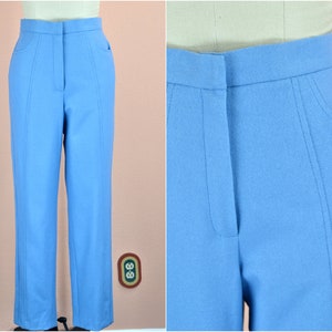 Women&#39;s Vintage 80s 90s Periwinkle Blue Wool Blend Lined High Rise Tapered Structured Trousers with Pockets by Harve Benard // 27&quot; Waist