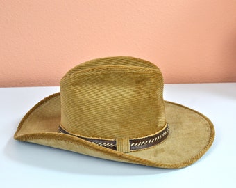 Vintage 70s Resistol Self Conforming Tan Cordurory Brown Leather Trim Cowboy Cowgirl Western Hat 7 1/8