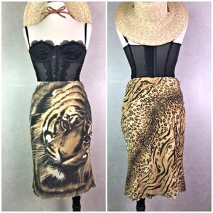 Women's Vintage Y2K Blushe Impression Tiger Face Glitter Stretchy Nylon Mesh Lettuce Hem Low Rise Pencil Slip Skirt // Size Large