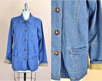 Women's Vintage Y2K Medium Wash Denim and Tan Corduroy Cuff Trim Retro Button Down Lightweight Chore Jacket with Pockets // XS S