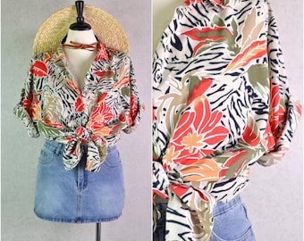 Women's Vintage 80s Drab Beige Olive Orange Tropical Floral Botanical Leaf Hawaiian Print Short Sleeve Button Down Collared Blouse // XL