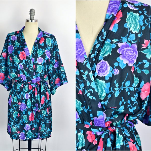 Women's Vintage 70s S/M Stretchy Polyester Black Jewel Tone Rose Print Short Tie Waist Kimono Dressing Robe