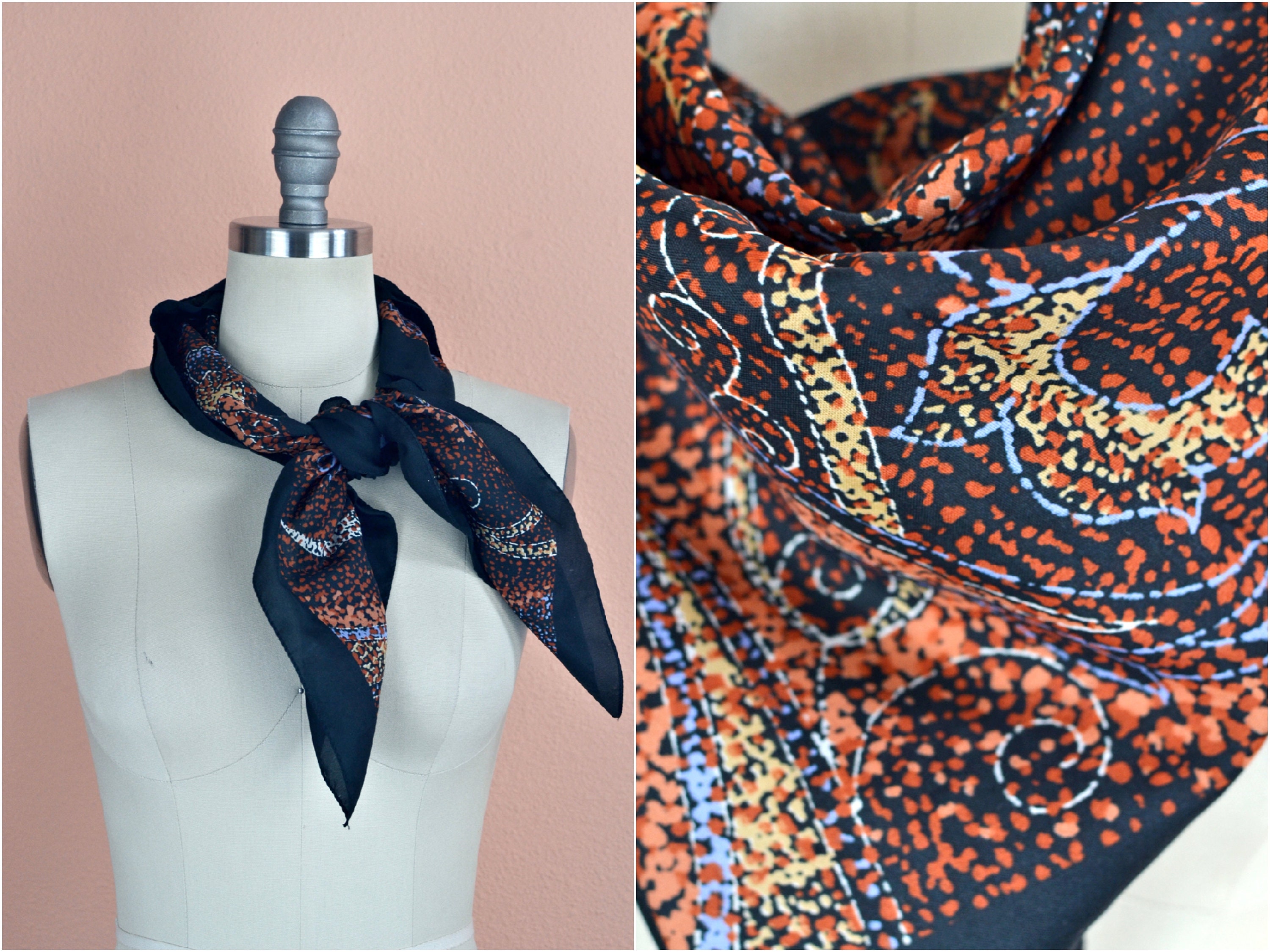 Vintage 70s 80s Mod Boho Black Rust Periwinkle Fall Color Abstract Paisley Splatter Printed Square Poly Scarf for Neck Head Hair 30" x 30"