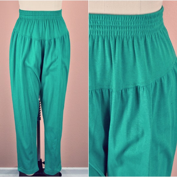 Women's Vintage 80s Solid Basic Teal Green High Rise Pleated Front Tapered Leg Pull On Elastic Waist Knit Leggings by Closely Knit // S M