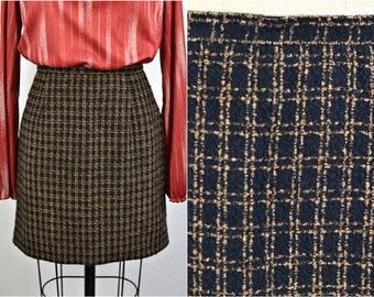 Women's Vintage Y2K Ann Taylor Preppy Boucle Tweed Wool Blend Black Tan Plaid Windowpane Graph Lined Short Mini Pencil Skirt // Size 2