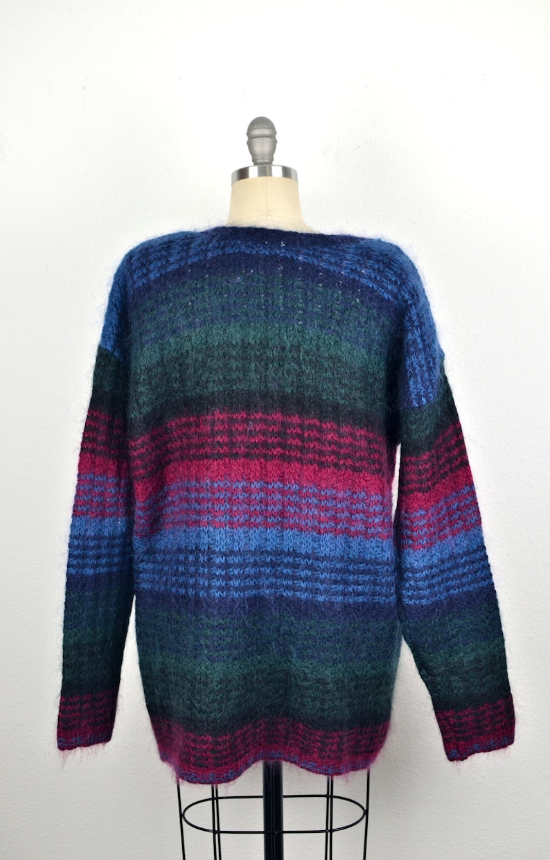 Women's Vintage 90s Paul Harris Preppy Fuzzy Acrylic Wool Mohair Dark Jewel Tone Striped Pullover Crew Neck Sweater // Size L image 6