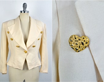 Women's Vintage 80s 90s Cream Woven Wool Acetate Cropped Blazer Jacket with Big Bling Fancy Gold Heart Buttons Military Blazer // Size 4