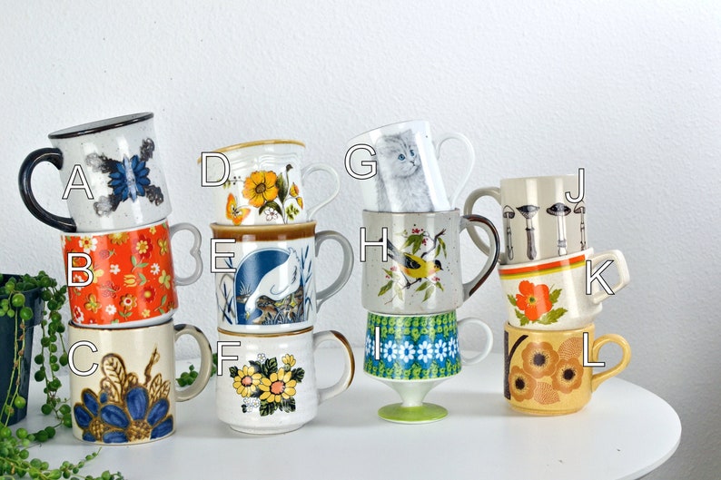 YOU CHOOSE: Vintage 60s 70s 80s Ceramic Mug / Earthenware / Floral / Geese / Kitten / Groovy / Mushrooms image 2