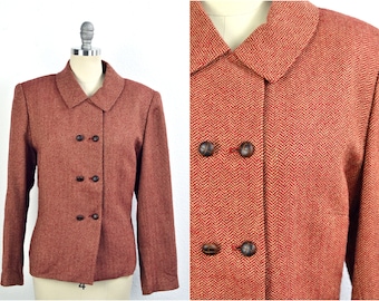 Women's Vintage Y2K Kasper Red Tan Herringbone Tweed Lined Polyester Wool Blend Double Breasted Blazer Jacket with Retro Buttons // Size 12