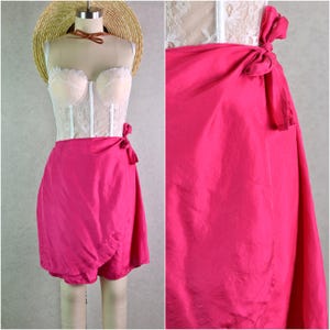 Women&#39;s Vintage 90s Pure Silk Bright Magenta Pink Elastic Waist Wrap Skirt Skorts by Styles to Go // M
