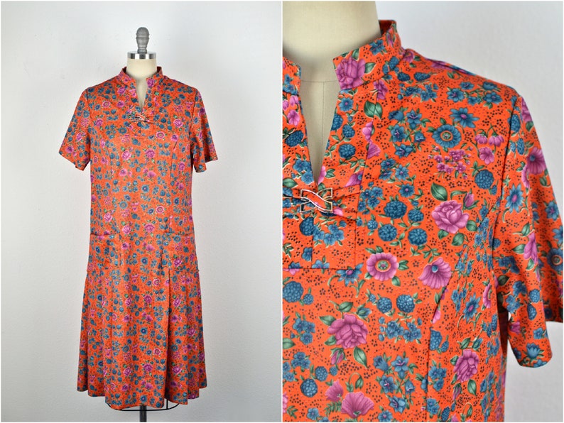 Women's Vintage 60s 70s Montgomery Ward Bright Orange Purple Blue Floral Drop Waist Short Sleeve Dress with Pockets // Size M image 1