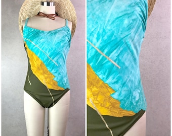 Women's Vintage 90s Carol Wior Olive Green, Teal, Marigold, & Metallic Gold Sparkle Abstract One Piece Maillot Swimsuit // Size M