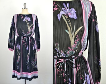 Vintage 70s Liz Roberts Sheer Romantic Boho Black Purple Pink Floral Botanical Striped Perma Pleat Long Sleeve Midi Disco Dress // Size M L