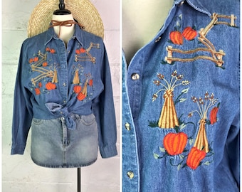 Women's Vintage 90s Eagle's Eye Fall Pumpkin Harvest Embroidered Pure Cotton Denim Chambray Button Down Blouse // Size L/XL