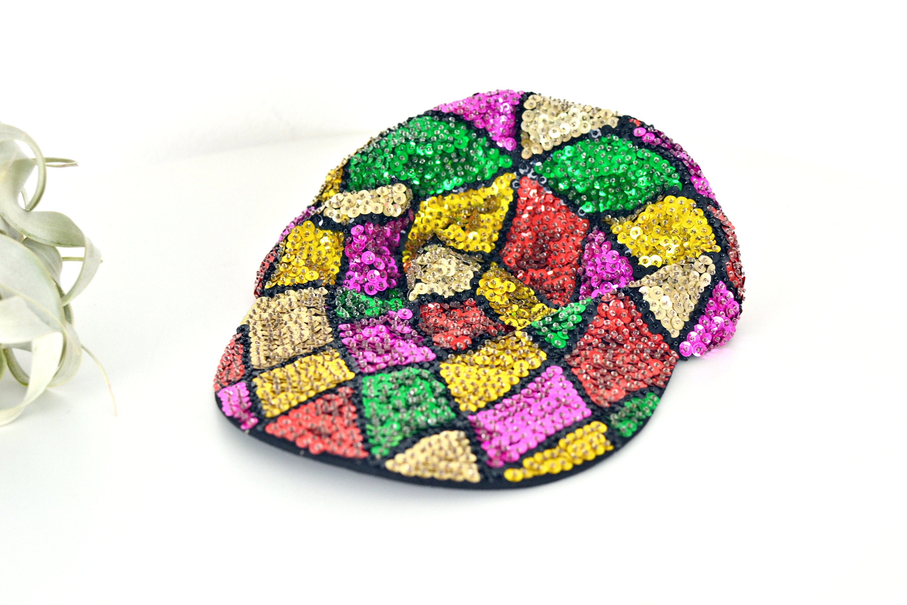 Vintage JC \'80s New Orleans Sequined Harlequin Pattern Marti Gras Baseball Hat Retro-Style NOLA | The Mardi Gras Classic City Hat – Shells  main image 2