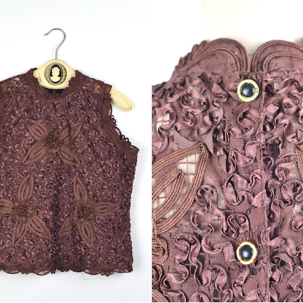 Women's Vintage 60s Handmade Chocolate Brown Textured Lace Ribbon Embroidered Floral Corsage Victorian Sleeveless Mock Neck Top M L