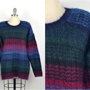 Women's Vintage 90s Paul Harris Preppy Fuzzy Acrylic Wool Mohair Dark Jewel Tone Striped Pullover Crew Neck Sweater // Size L image 2