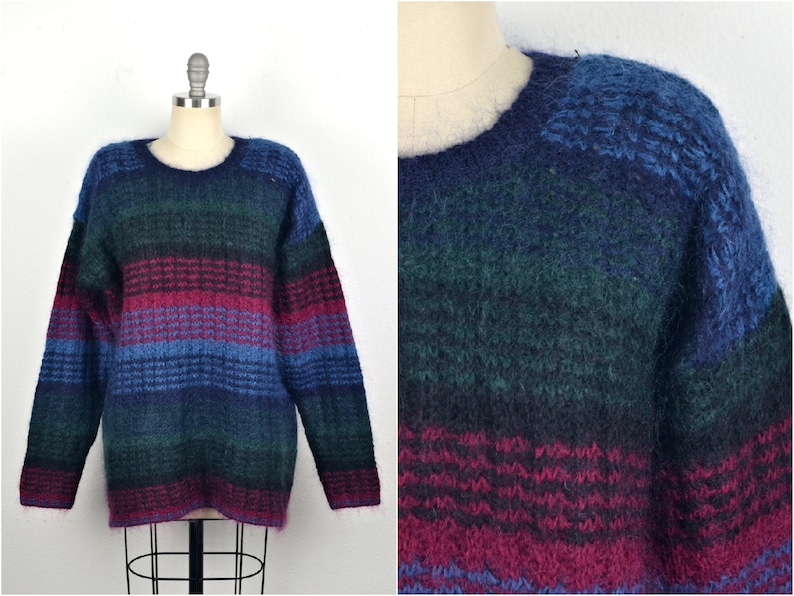 Women's Vintage 90s Paul Harris Preppy Fuzzy Acrylic Wool Mohair Dark Jewel Tone Striped Pullover Crew Neck Sweater // Size L image 2