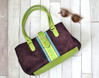 Vintage Y2K Tommy Hilfiger Brown and Lime Green Faux Leather Striped Ribbon Top Handle Rectangular Handbag