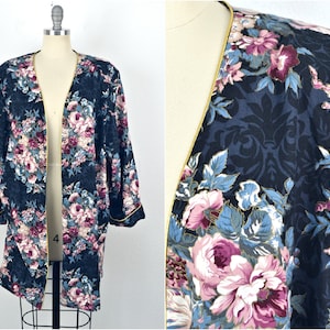 Vintage 80s Ashley & Me Black Pink and Metallic Gold Romantic Shabby Floral and Damask Print Open Cotton Rayon Blend Kimono Duster // L XL