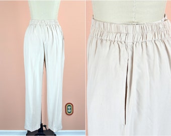 Women&#39;s Vintage 90s Minimalist 100% Washable Silk Beige High Rise Elastic Waist Trouser Pants with Pockets by Studio Works // XS S