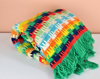 Vintage 70s Rainbow Geometric Striped Handmade Acrylic Knit Crochet Fringe Afghan Throw Blanket