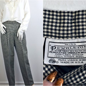 Women&#39;s Vintage 80s Miss Pendleton Classic Black & Off White Houndstooth Wool Lined High Rise Tapered Trouser Slacks with Pockets 28&quot; Waist