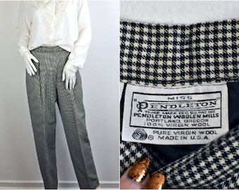 Women&#39;s Vintage 80s Miss Pendleton Classic Black & Off White Houndstooth Wool Lined High Rise Tapered Trouser Slacks with Pockets 28&quot; Waist